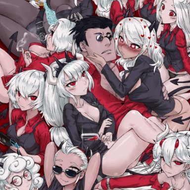 12girls, 1boy, angel, azazel (helltaker), beelzebub (helltaker), black horns, cerberus (helltaker), demon, demon girl, demon tail, glasses, grey skin, haraya, helltaker, helltaker (character)