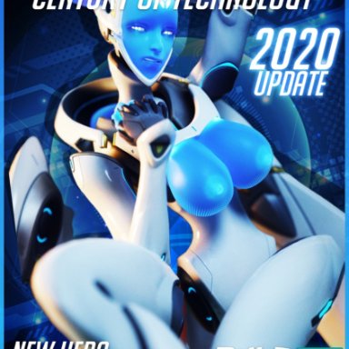 2020, android, big boobs, big nipples, blizzard entertainment, blue eye, blue eyes, blue nipples, blue skin, boobs, echo (overwatch), female, female only, glowing, glowing eye