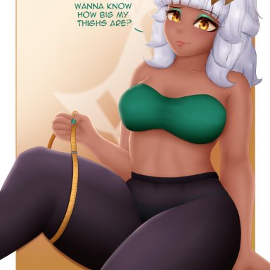 absurd res, breasts, confident, crown, dark-skinned female, dat ass, green eyeshadow, green nails, huge ass, huge thighs, league of legends, looking at viewer, makeup, measuring, measuring tape