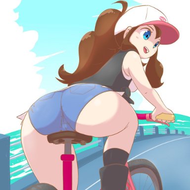 1girls, 2020, 2020s, ass, ass cleavage, back view, baseball cap, behind view, bicycle, big ass, black boots, blue eyes, blue shorts, boots, brown hair