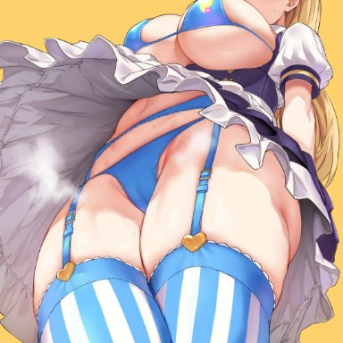 1girls, absurdres, arms behind back, ass, bangs, big breasts, bikini, black eyes, blonde hair, blue bikini, blue eyes, blush, bow, breasts, cameltoe