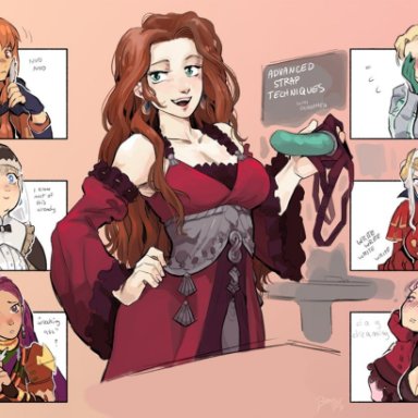 blonde hair, blush, bramblefix, brown hair, classroom, dialogue, dorothea (fire emblem), edelgard (fire emblem), edelgard von hresvelgr (fire emblem), fire emblem, fire emblem: three houses, hilda (fire emblem), hilda valentine goneril, ingrid (fire emblem), ingrid brandl galatea