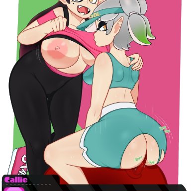 2girls, ass, beanie, black hair, callie (splatoon), dialogue, female only, incest, inkling, large breasts, looking back, marie (splatoon), nintendo, pointy ears, scocks4you