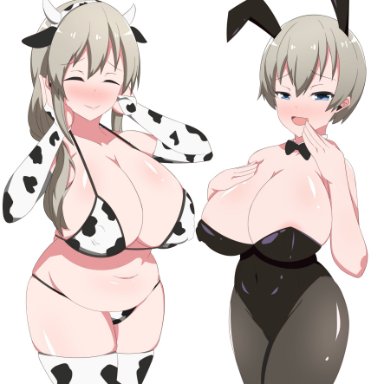 2girls, ayuni (artist), big breasts, black leotard, black pantyhose, blue eyes, blush, bunny ears, bunnysuit, closed eyes, cow bikini, cow ears, cow horns, daughter, eye contact