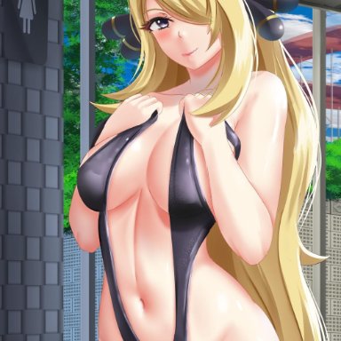 1girls, big breasts, bikini, blonde hair, cynthia (pokemon), eye contact, female, fuzzlogik, grey eyes, hair ornament, human, looking at viewer, nintendo, pale skin, pale-skinned female