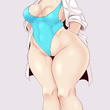 1girls, blonde hair, breasts, cleavage, female, female only, neon genesis evangelion, one-piece swimsuit, ritsuko akagi, solo, sunnysundown, swimsuit, thick thighs, wide hips