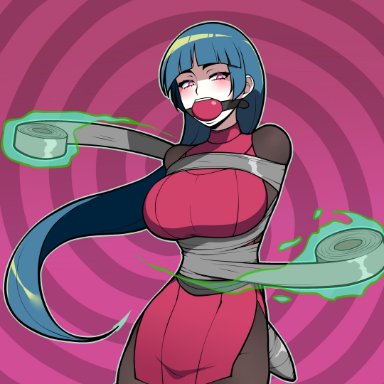 ball gag, blue hair, bondage, duct tape, femsub, gagged, glowing eyes, human, jam-orbital, long hair, pink eyes, pokemon, pokemon rgby, restrained, sabrina (pokemon)