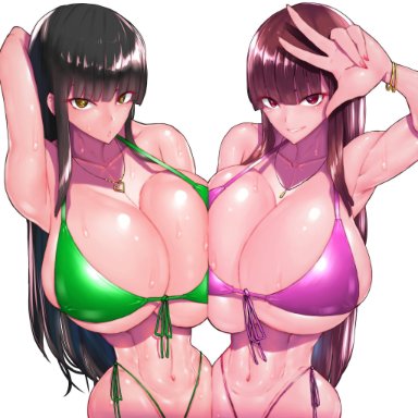 2girls, big breasts, bikini, brown hair, dark hair, huge breasts, wolffeld