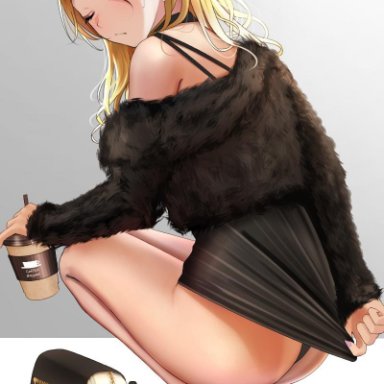 1girls, ass, bag, bare legs, black dress, black eyes, black panties, blonde hair, blush, closed mouth, coffee, cup, disposable cup, dress, earrings