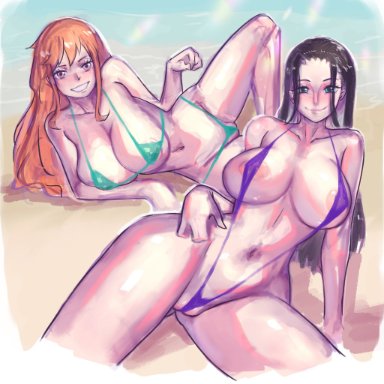 2girls, areola slip, areolae, ass, ass visible through thighs, bangs, bare shoulders, beach, between labia, big breasts, bikini, black hair, blue eyes, breasts, cleavage