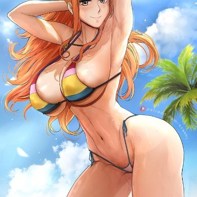 1girls, areola slip, areolae, armpits, artist name, ass, bare shoulders, big ass, big breasts, bikini, blush, breasts, cleavage, clothing, cloud