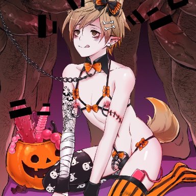 2018, 8boys, bags under eyes, bandages, black nails, brown hair, candy, cat ears, catboy, censor bar, censored, chains, chastity cage, collar, condom