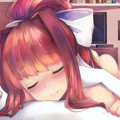 1boy, 1girl, after sex, ass, ass up, bed, bedroom, blush, brown hair, cute, doki doki literature club, engagement ring, eyes closed, female, green eyes