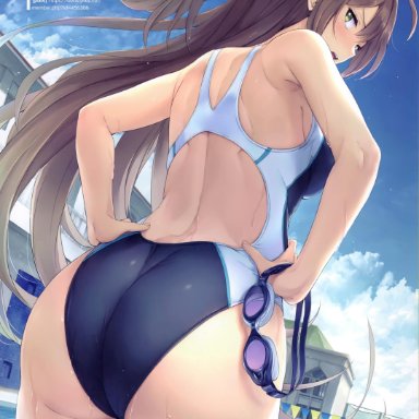 akita hika, artist name, ass, back, bangs, bare shoulders, blue sky, blush, bow, breasts, brown hair, cloud, cloudy sky, competition swimsuit, day