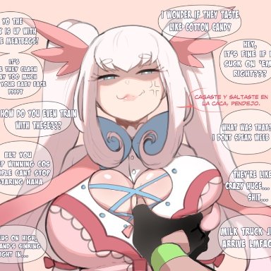 art trade, blue eyes, claire(kinkymation), cleavage, english text, eyebrows visible through hair, groping, groping breasts, huge breasts, kinkymation, nyantcha, oc, original character, pink lipstick, pokemon