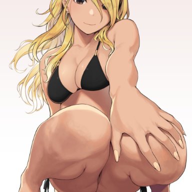 1girls, bare arms, bare legs, bare shoulders, barefoot, bikini, black bikini, blonde hair, breasts, brown eyes, brown hair, collarbone, dark skin, earrings, eyebrows visible through hair