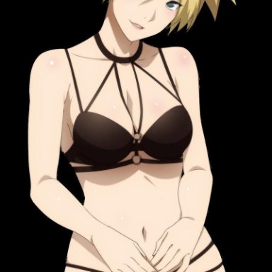 1girls, bare shoulders, bikini, blonde hair, breasts, cleavage, dannex009, eyes visible through hair, female, female only, green eyes, lipstick, looking at viewer, makeup, naruto