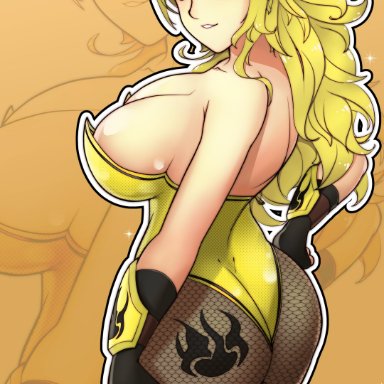 big breasts, blonde hair, bunny ears, bunny girl, bunnysuit, female, female only, long hair, purple eyes, rwby, solo, solo female, solo focus, stockings, telrum