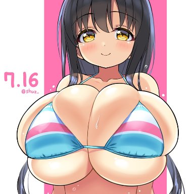 belly, belly button, big breasts, blush, breast, breast squeeze, cute, dark hair, gigantic breasts, happy, huge breasts, long hair, shuz (dodidu), smile, sweat