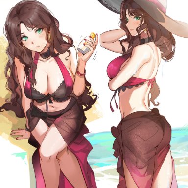 1girl, 1girls, ass, back, bangs, bare shoulders, bikini, blush, breasts, brown hair, cleavage, collarbone, commentary, dorothea (fire emblem), dorothea arnault