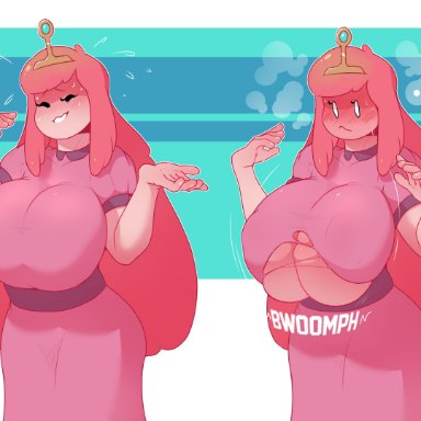 1girls, adventure time, big breasts, blush, breast expansion, breasts, bursting breasts, cleavage, dabble, female, female only, huge breasts, large breasts, princess bubblegum, solo