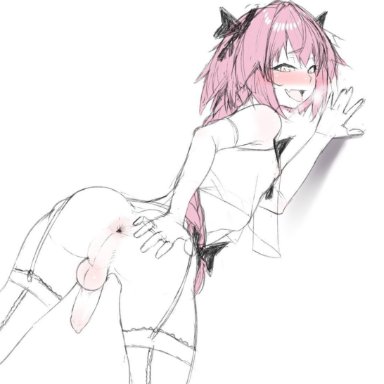 2019, ahe gao, anus, ass, astolfo (fate), backsack, balls, blaccura, blush, bow, braid, braided ponytail, fate/grand order, femboy, garter straps