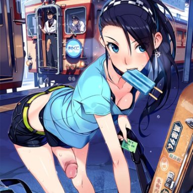 1futa, black hair, blue eyes, casual exposure, casual nudity, cleavage, earrings, edit, food in mouth, futa only, futanari, headband, kashima noa, looking at viewer, penis