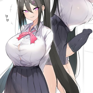 1futa, big breasts, big penis, black hair, bulge, clothed, clothing, cock sleeve, erection, fully clothed, futanari, human, penis out, penis under clothes, penis under skirt