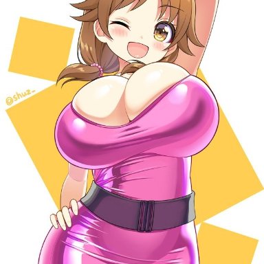 big breasts, brown hair, cute, hands on hips, open mouth, pigtails, shuz (dodidu), thick thighs, thighs, thin waist, tight clothing, yellow eyes