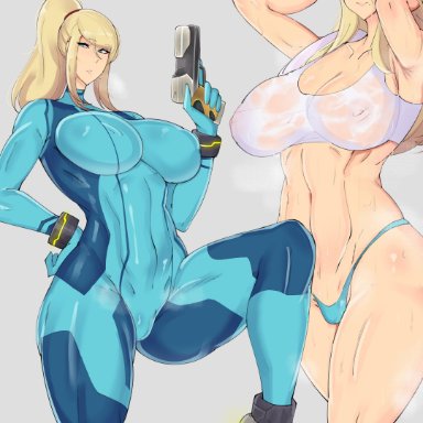 1girls, armpits, arms up, blonde hair, bodysuit, erovsaaaka, long hair, metroid, nintendo, nipples visible through clothing, ponytail, samus aran, solo, sports bra, sweat