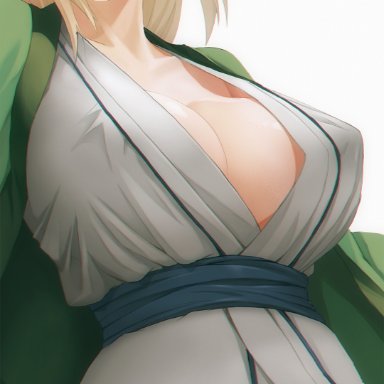 1girls, blonde hair, breasts, brown eyes, cleavage, erect nipples, erect nipples under clothes, facial mark, forehead mark, grin, haori, highres, japanese clothes, k19, kimono