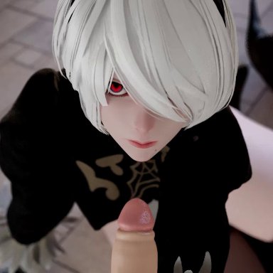 1boy, 1girls, animated, clothed female nude male, eye contact, fellatio, fishnets, hair over one eye, handjob, headband, licking penis, male pov, nier, nier: automata, no sound