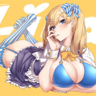 1girls, apron, ass, background text, bangs, big breasts, bikini, black skirt, blonde hair, blue bikini, blue eyes, blush, bow, bowtie, breasts