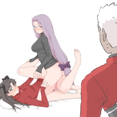 1boy, 2girls, archer, bangs, banned artist, black hair, black sweater, blue eyes, blush, bottomless, breasts, dark skin, dark skinned male, emiya shirou, fate (series)