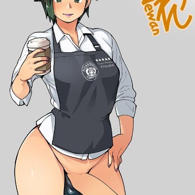 1futa, apron, balls in panties, big penis, black panties, bottomless, clothed, clothing, cup, futanari, green eyes, human, long penis, looking at viewer, neone-x