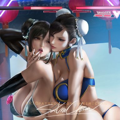 2girls, asian female, big breasts, bikini, black hair, brown eyes, brown hair, capcom, chun-li, female only, final fantasy, final fantasy vii, long hair, mature female, sakimichan