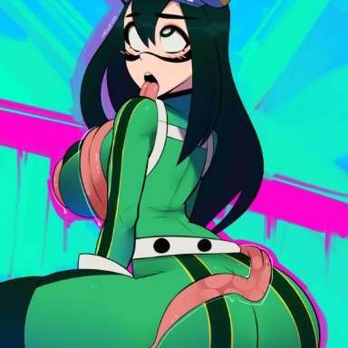 1girls, ahe gao, ass, big ass, big breasts, black eyes, female, female only, frog tongue, green hair, hero outfit(mha), licking own ass, licking own body, long hair, long tongue