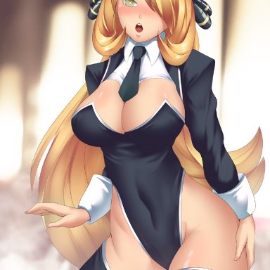 adapted costume, alternate breast size, alternate costume, big boobs, big breasts, blonde hair, boobs, breasts, bunny ears, bunny girl, bunnysuit, cleavage, cynthia (pokemon), eyes, eyes open