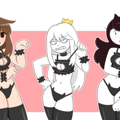 3girls, bra, cat lingerie, clothed, clothing, emirichu, jaiden, jaiden animations, latex thighhighs, miscon, panties, rntagme, tabbes, tagme, thighhighs