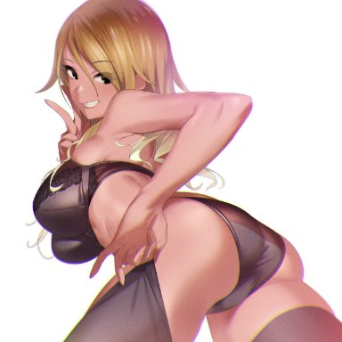 1girls, ass, bangs, bare shoulders, black eyes, blonde hair, bra, breasts, brown bra, brown legwear, brown panties, dark skin, female only, fukushi ryouhei, grin