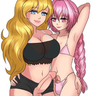 1boy, 1futa, arm up, armpits, ass grab, astolfo (fate), balls, balls in panties, big balls, big breasts, big lips, black eyebrows, blonde hair, blue eyes, braided ponytail