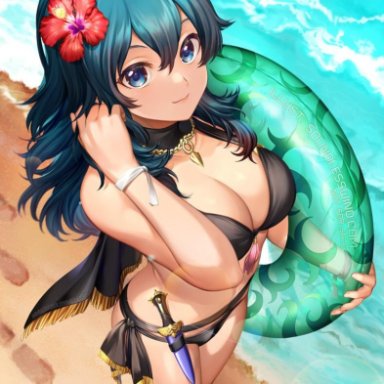 1girls, bare legs, beach, big breasts, bikini, black bikini, black swimsuit, blue eyes, byleth (female), byleth (fire emblem), byleth (fire emblem) (female), cleavage, dagger, female, fire emblem