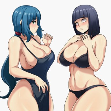 2girls, big breasts, blue eyes, blue hair, boruto: naruto next generations, female only, gundam, gundam build fighters, hyuuga hinata, iori rinko, jmg, lavender eyes, mature female, milf, naruto