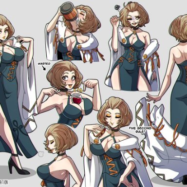 1girls, armpits, back, bare back, bare legs, bare shoulders, between breasts, big breasts, brown eyes, brown hair, cleavage, dialogue, drinking, drunk, eating