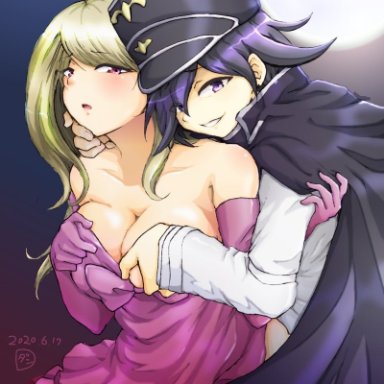 ahoge, akamatsu kaede, blonde hair, blush, breast grab, cloak, danganronpa, kokichi ouma, looking at another, looking at viewer, moon, new danganronpa v3, night, ouma kokichi, pink eyes