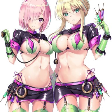 :o, 2girls, archway of venus, artoria pendragon, artoria pendragon (lancer), belt, between breasts, between fingers, bikini, black skirt, blonde hair, breasts, cleavage, closed mouth, cosplay