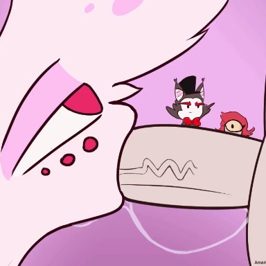 1girls, 3boys, angel dust (hazbin hotel), animated, blowjob, femboy, gay, girly, hazbin hotel, oral, oral penetration, oral sex, prostitution, simple background, trap