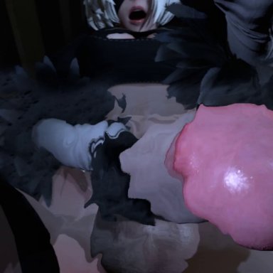 animated, belly, blindfold, circumcised, cock pointing towards viewer, cum on screen, cum on viewer, fireblaze12, futa only, futanari, gloves, large penis, leg up, mp4, nier: automata