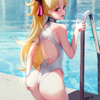 alternative hairstyle, armlet, ass, ass grab, back, bangs, bare shoulders, blonde hair, blush, competition swimsuit, day, ereshkigal (fate), ereshkigal (fate/grand order), fate (series), fate/grand order