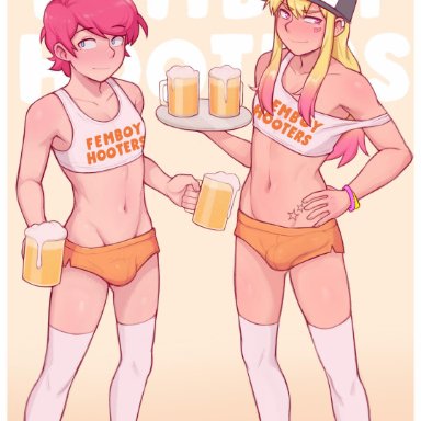 2boys, alcohol, alternate version available, baseball cap, beer, blonde hair, bulge, cap, crossdressing, drink, dross, english text, femboy, femboy hooters, fit